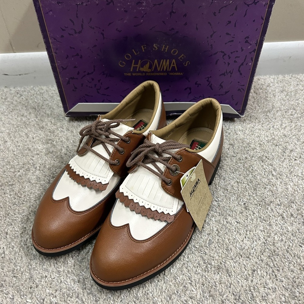 Honma Golf Shoes Women's 8.5 US 24.5 Japan White Brown Metal Spikes New in Box